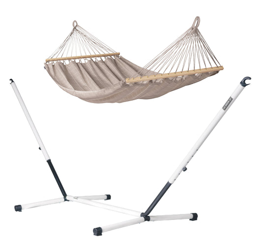Nautico Cool Grey Outdoor R Almond - Weather-Resistant Double Spreader Bar Hammock with Powder Coated Steel Stand