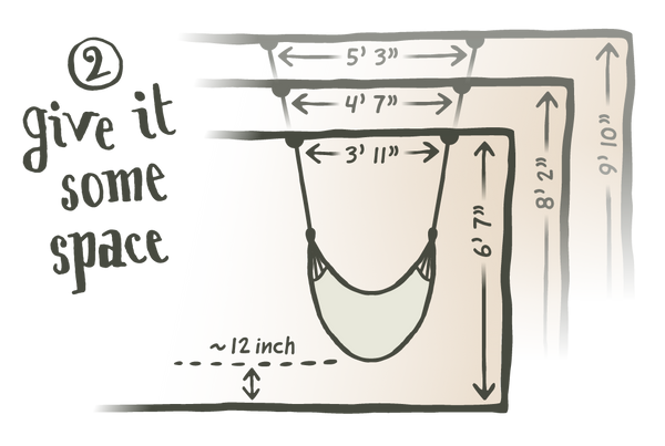 Una ilustración de una silla colgante con diferentes distancias y alturas mínimas y el texto