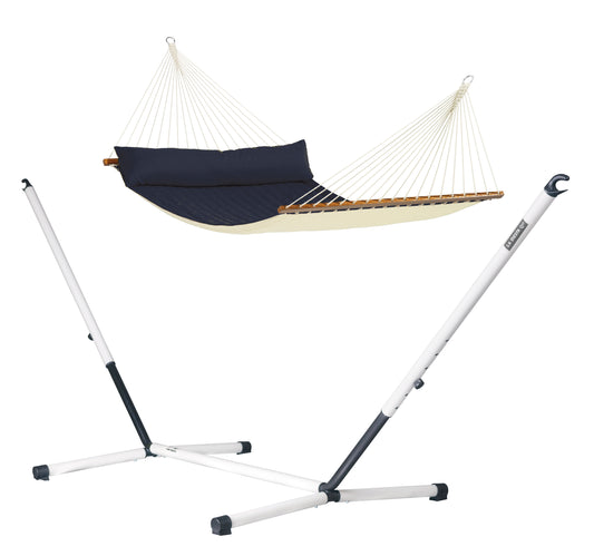 Nautico Cool Grey Outdoor R Padded Navy Blue - Padded Kingsize Spreader Bar Hammock with Powder Coated Steel Stand