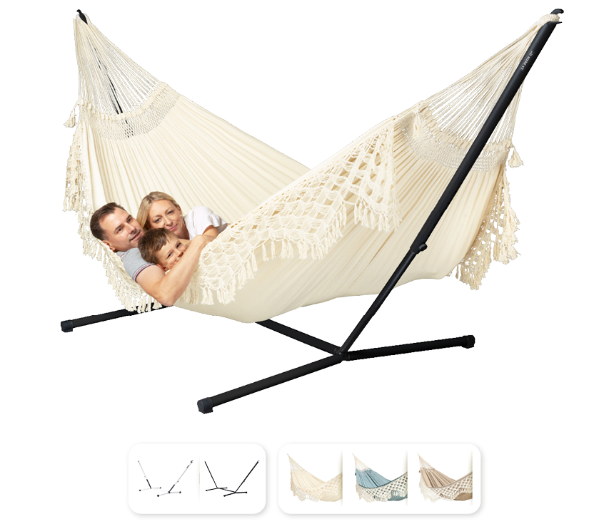 Nautico Cool Grey Brazil Latte - Organic Cotton Kingsize Hammock with Powder Coated Steel Stand