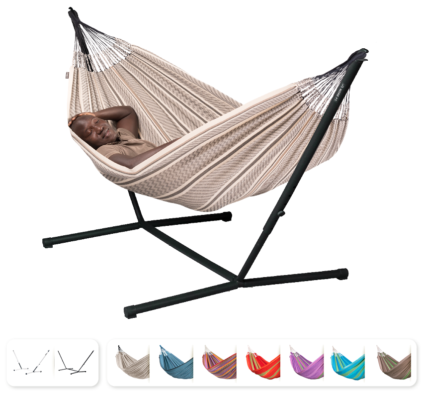 Nautico Cool Grey Colombia Zebra - Organic Cotton Double Hammock with Powder Coated Steel Stand