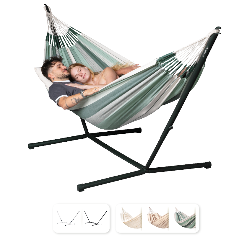Nautico Cool Grey Organic Olive - Organic Cotton Double Hammock with Powder Coated Steel Stand