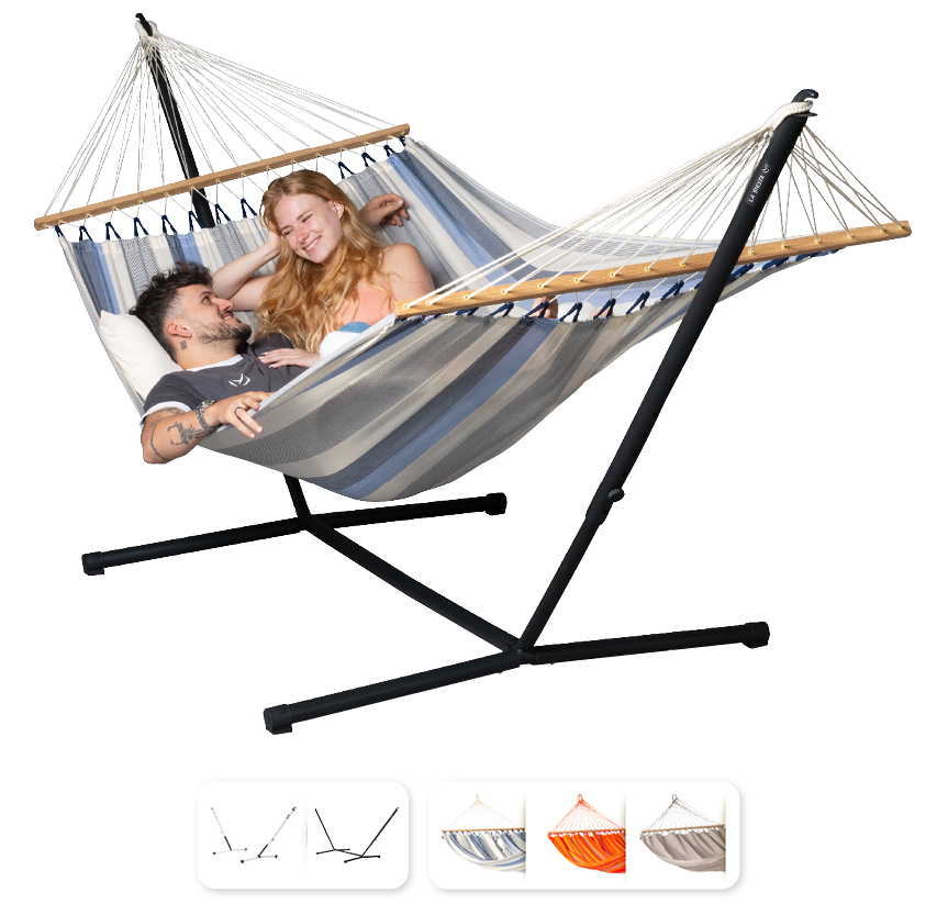 Nautico Cool Grey Outdoor R Sea Salt - Weather-Resistant Double Spreader Bar Hammock with Powder Coated Steel Stand