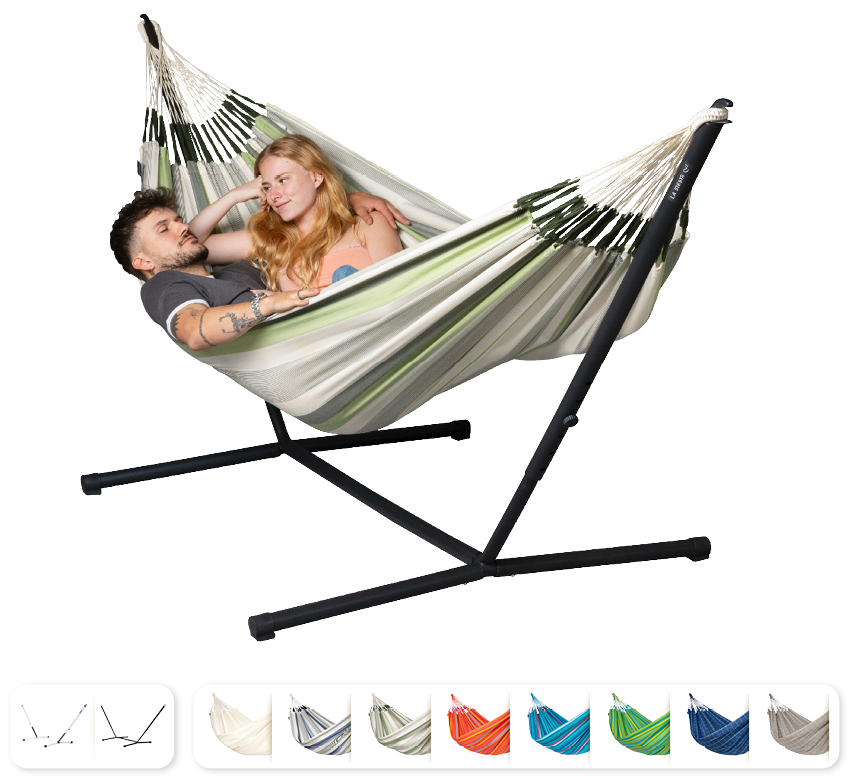 Nautico Cool Grey Outdoor Cedar - Weather-Resistant Double Hammock with Powder Coated Steel Stand