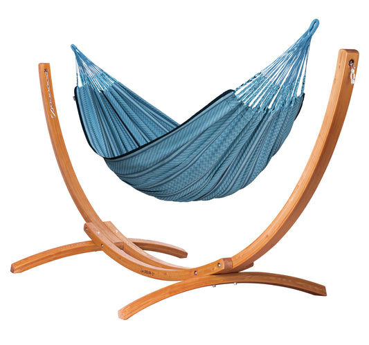 Maera Colombia Blue Zebra – Organic Cotton King Size Hammock with FSC™ certified Eucalyptus Stand